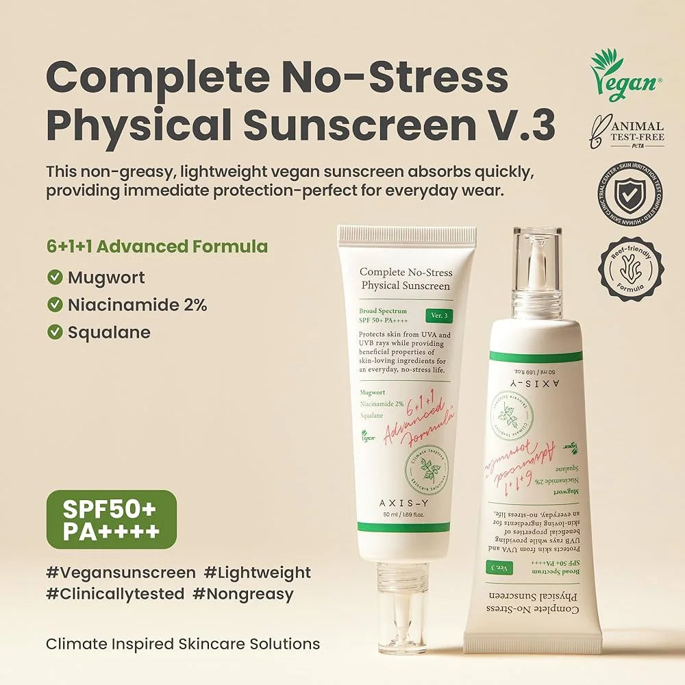 AXIS-Y Complete No-Stress Physical Sunscreen SPF50+ 50 ml, أكسيس واي واقي الشمس الفيزيائي كومبليت نو-ستريس SPF50+ 50 مل