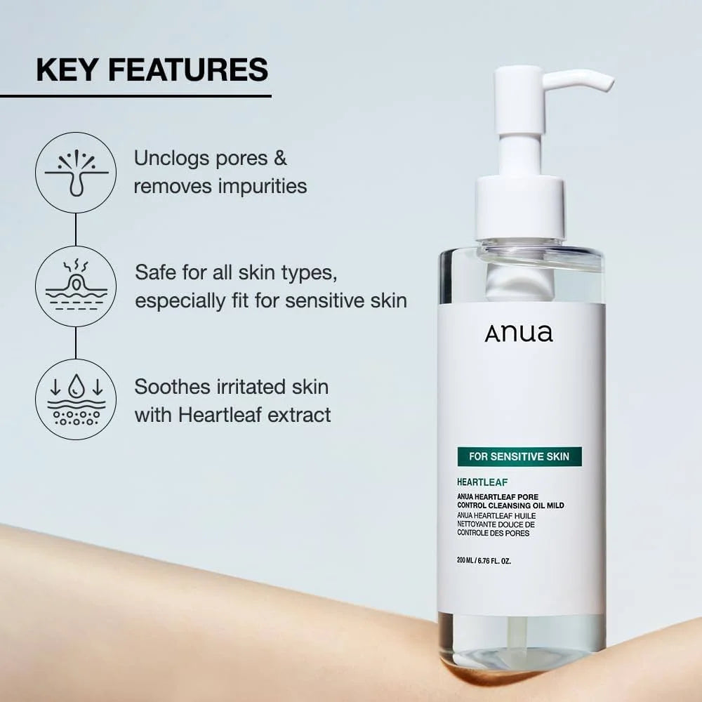 Anua Heartleaf Pore Control Cleansing Oil Mild 200 ml, أنوا زيت التنظيف هارتليف للتحكم بالمسام مايلد 200 مل
