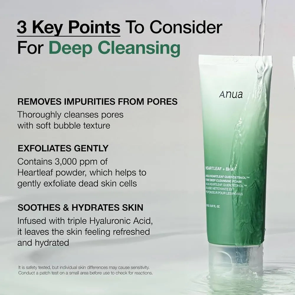 Anua Heartleaf Quercetinol Pore Deep Cleansing Foam 150 ml, أنوا غسول الهارتليف والكيرسيتينول لتنظيف المسام العميق 150 مل