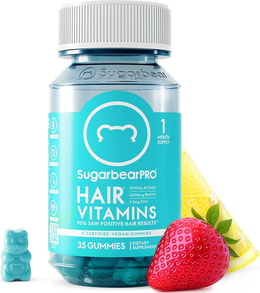 SugarBearPro Hair Vitamin Gummy 35 Day Supply, Extra Strength Biotin 6000mcg for Hair Growth, Vegan Vitamin B12, MSM, Inositol, Omega 3, Elderberry, Certified Kosher, Halal, Cruelty-Free